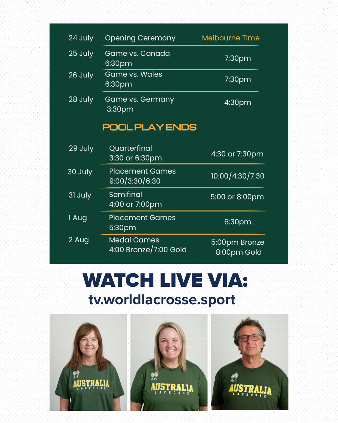 Australian game times for 2026 women's lacrosse world championship